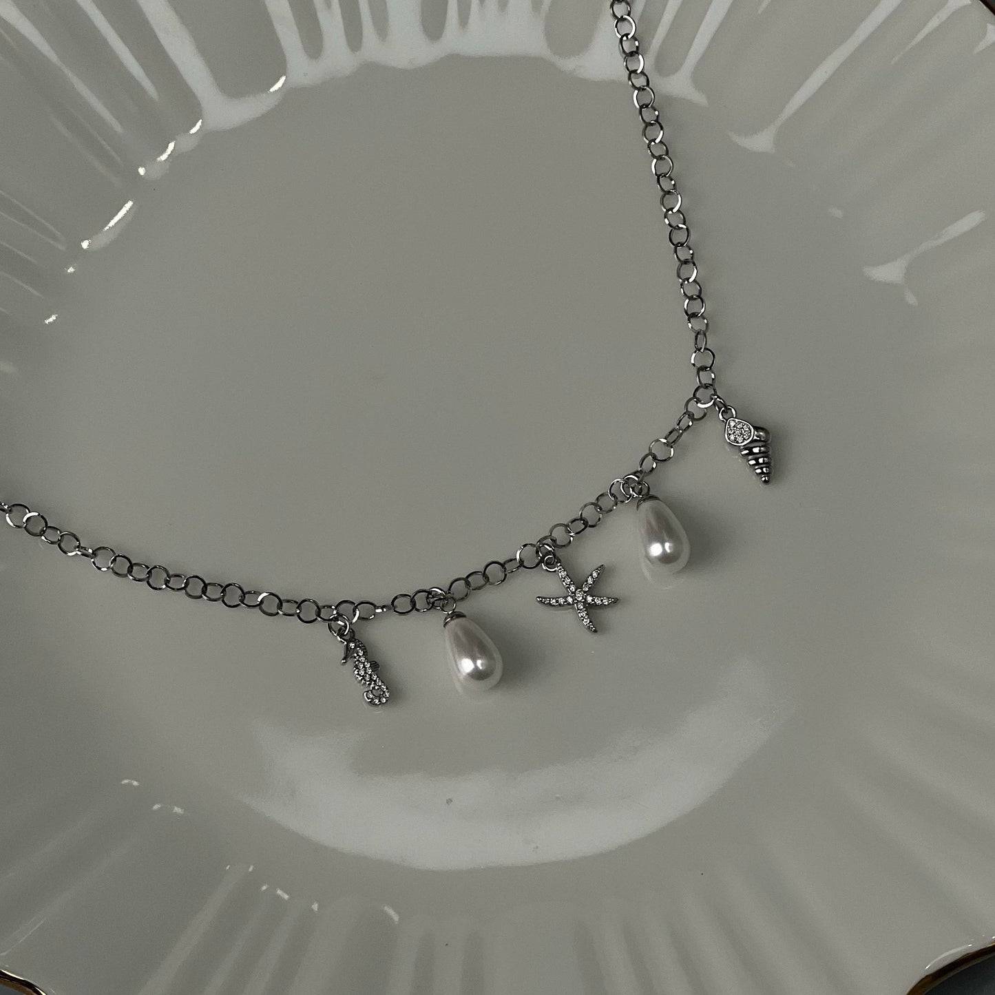 HB Jewelry EL NIDO Silver Synthetic Pearl Summer Pendant Chain Necklace For Women