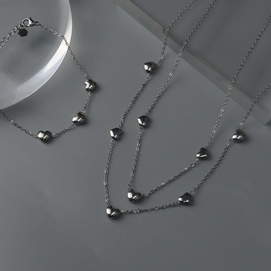 Silver Hearts Shape Collection of Choke Double Chain Necklace and Bracelet