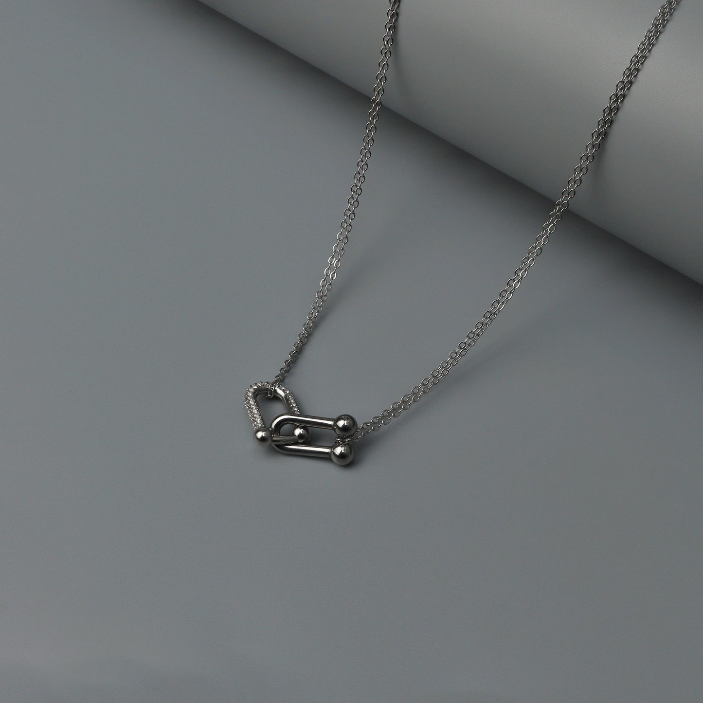 Silver TWAIN Half Buckle Embedded Pendant Choker Double Chain Necklace for Women