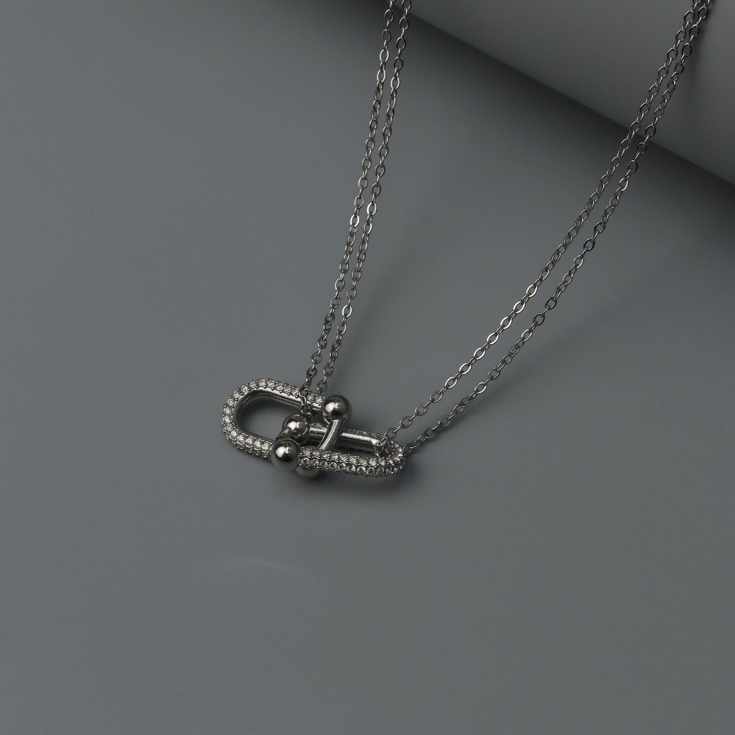 Silver TUNE Full Embedded Buckle Pendant Choker Double Chain Necklace for Women