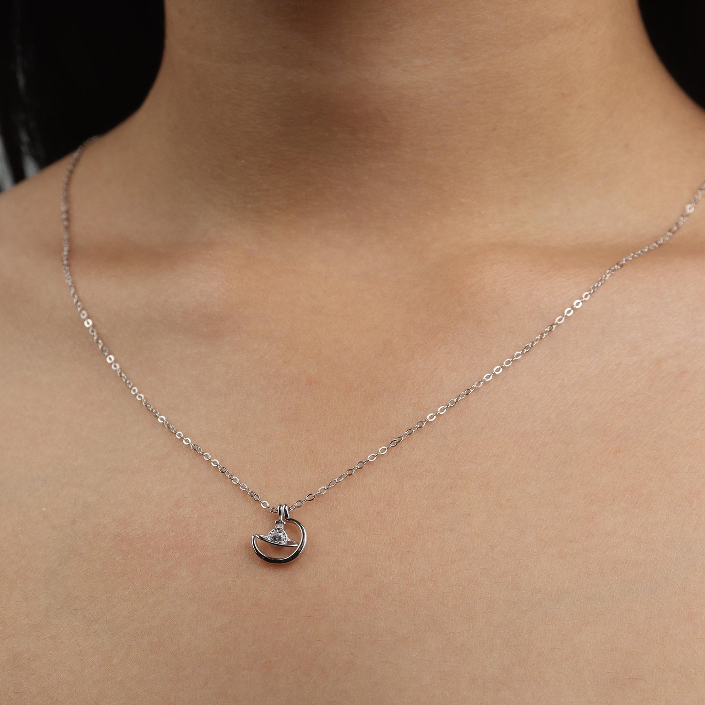 CERES S925 Silver Galaxy Crescent Moon Pendant Chain Necklace for Women