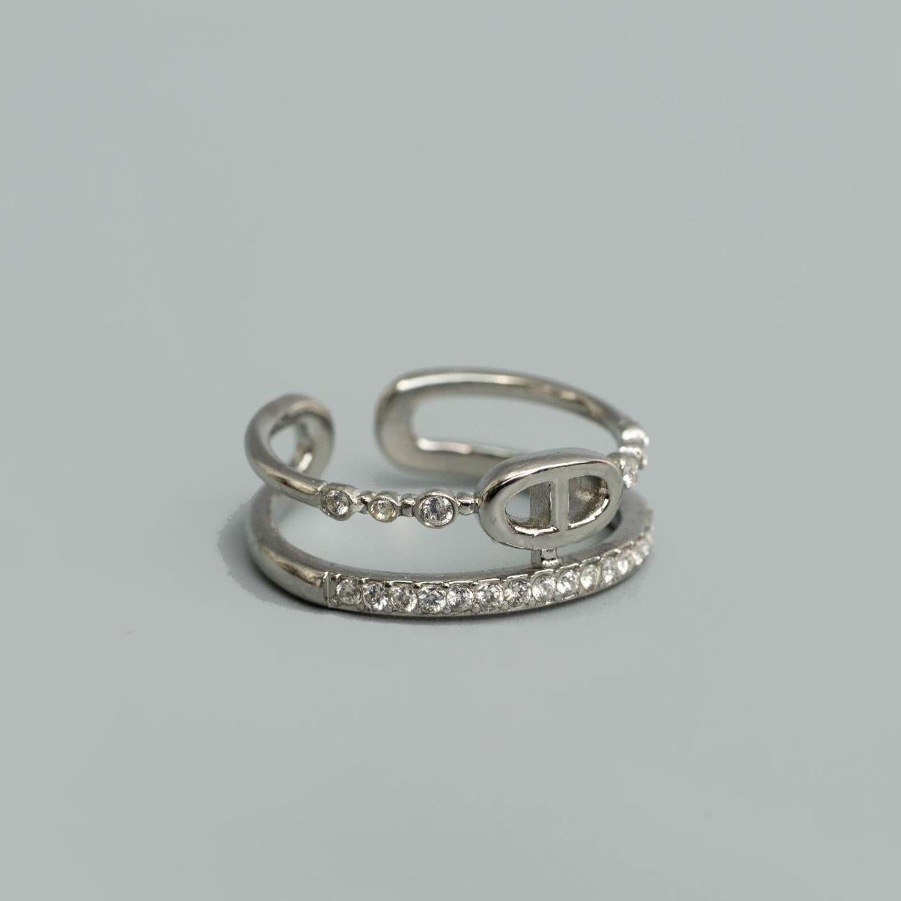 OVELIX Silver/Gld Geometric Loop with Embedded Adjustable Open Double Band Ring Fashion