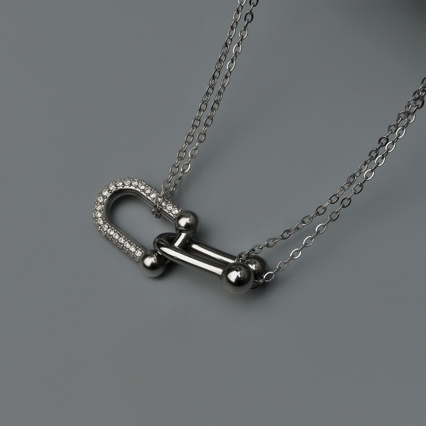 Silver TWAIN Half Buckle Embedded Pendant Choker Double Chain Necklace for Women