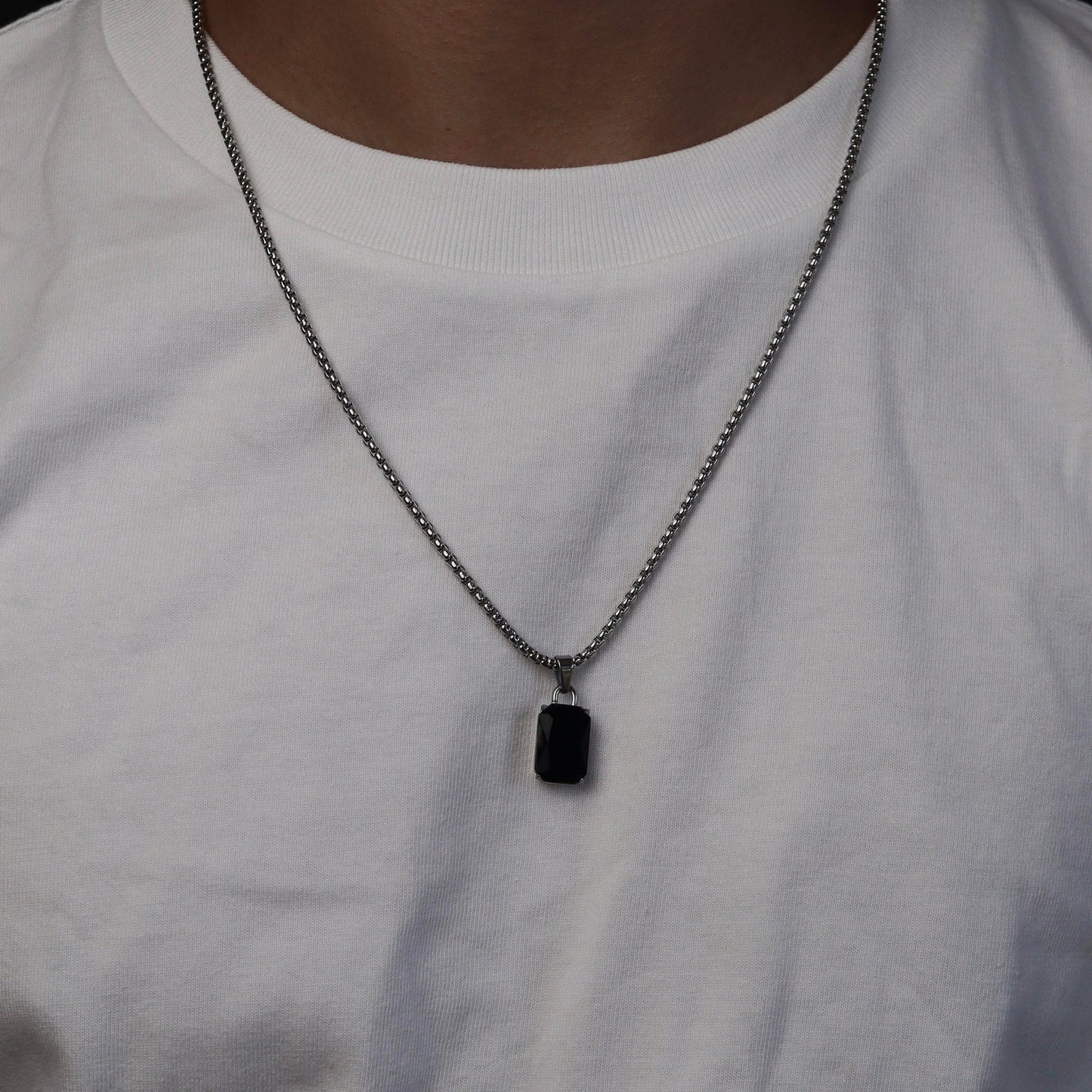 Men Jewelry DORE Black Rectangle Pendant Silver Box Chain Necklace For Men's