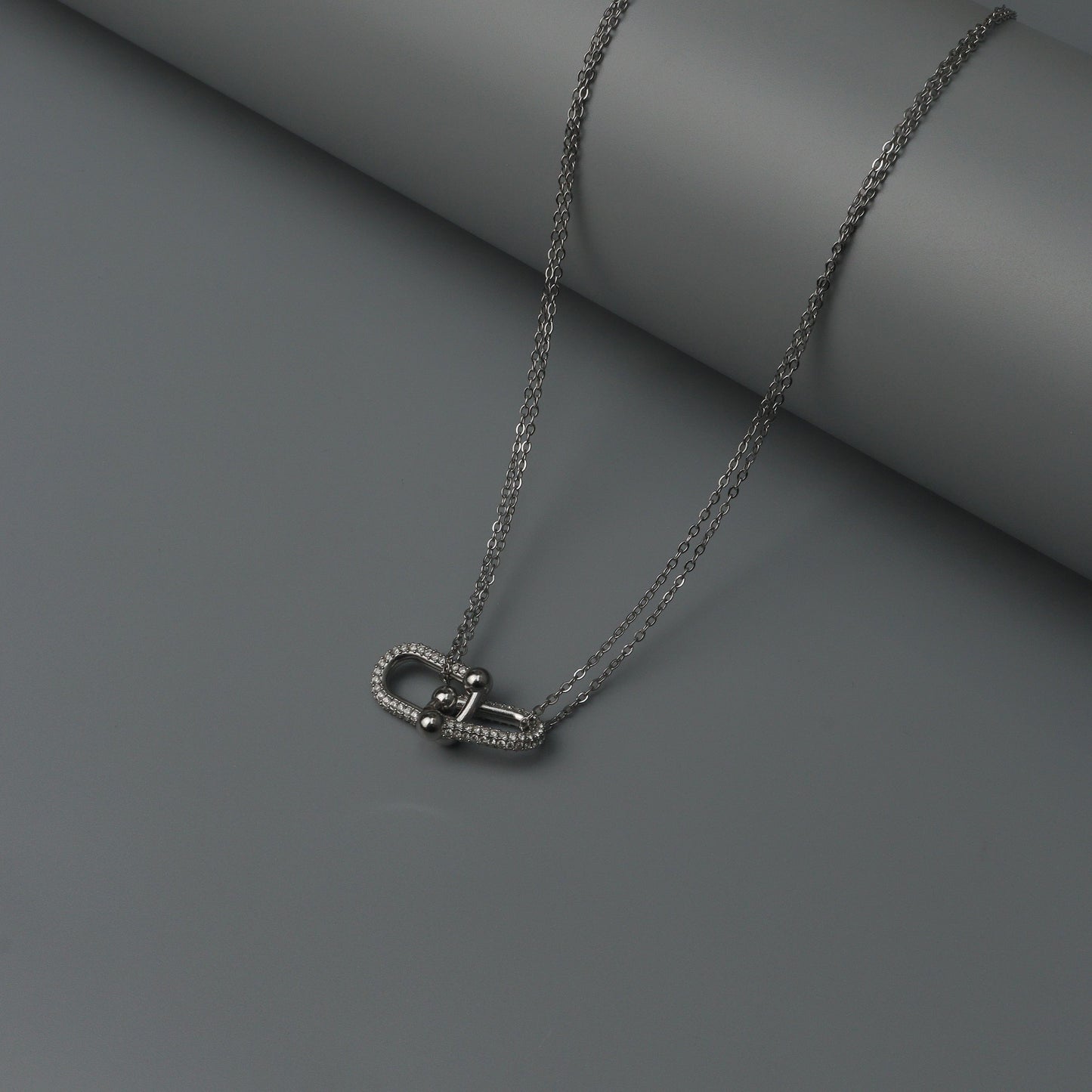 Silver TUNE Full Embedded Buckle Pendant Choker Double Chain Necklace for Women