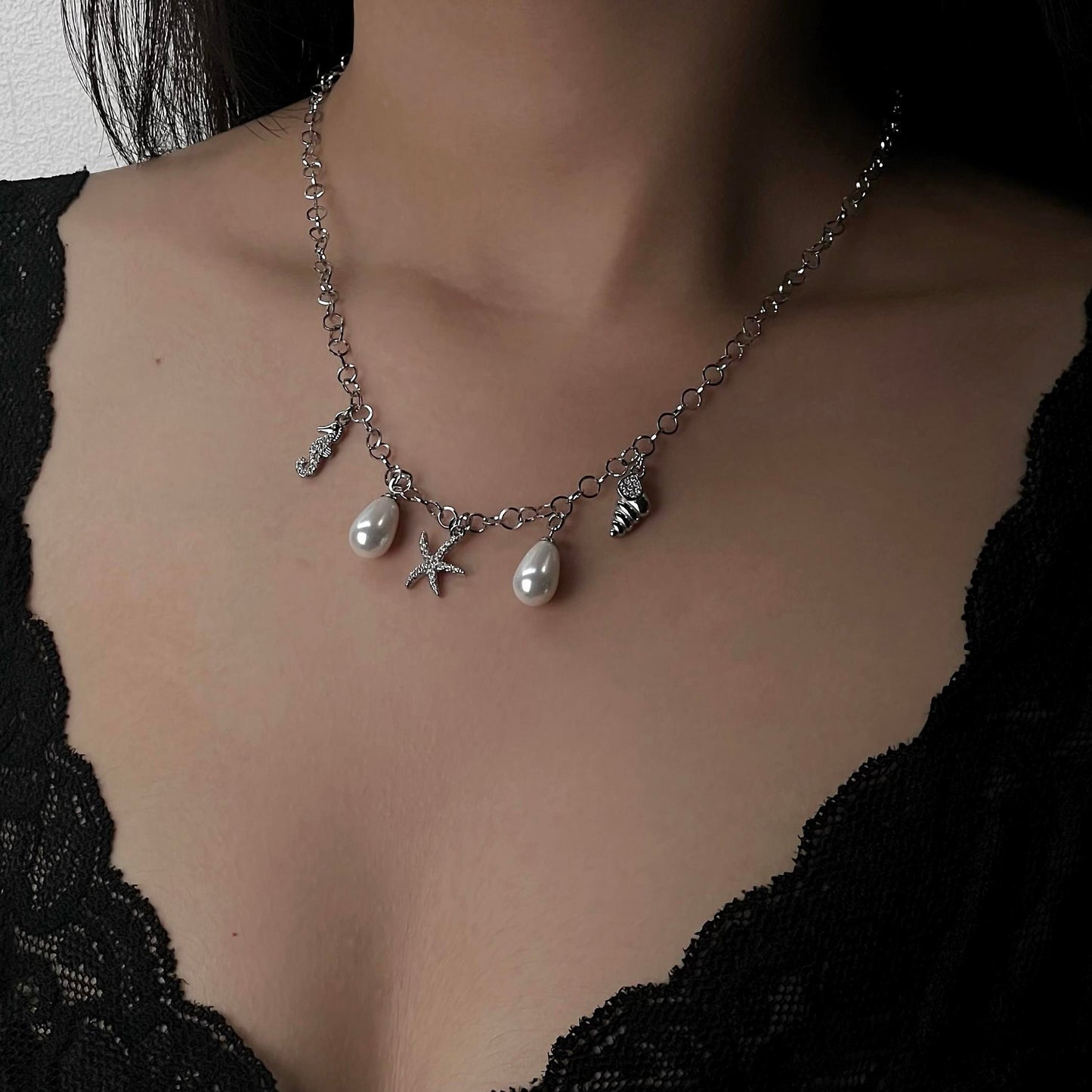 HB Jewelry EL NIDO Silver Synthetic Pearl Summer Pendant Chain Necklace For Women