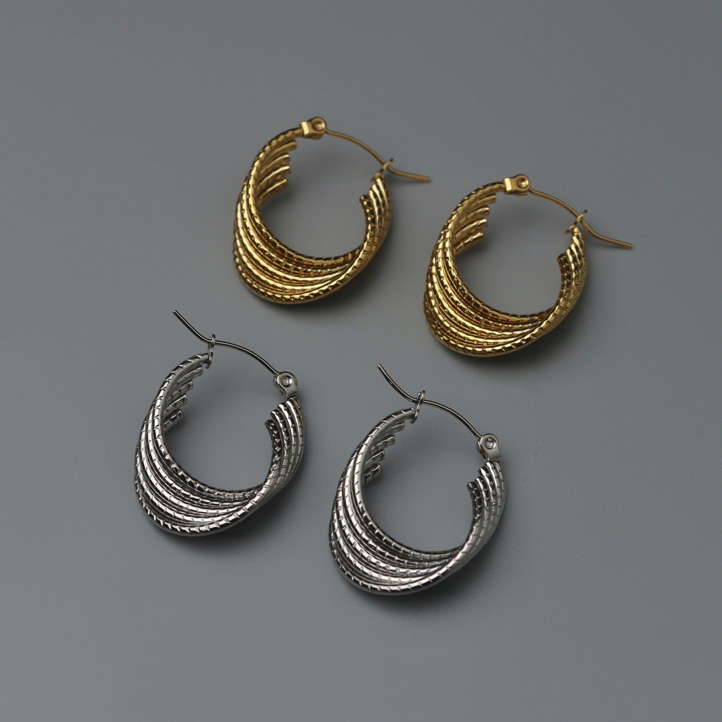 GUNNER Silver/Gld 5 Layered Bamboo Twisted U-Shape Hoop Earrings