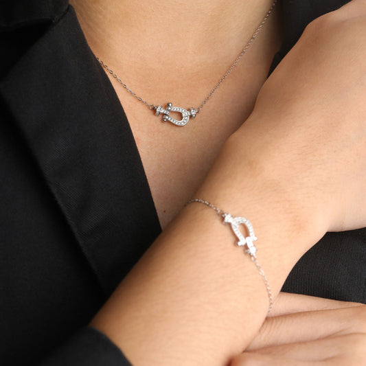 S925 Silver Anchor D-Shackles Sets of Pendant Chain Necklace, Bracelet, And Adjustable Ring