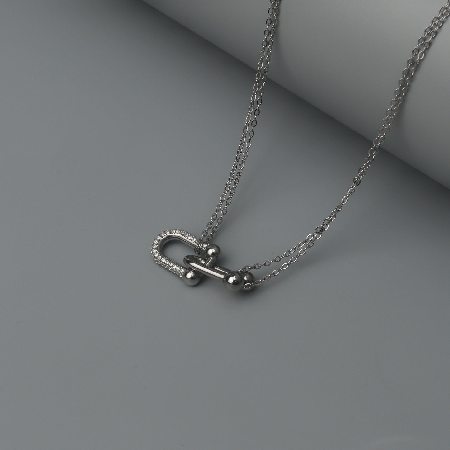 Silver TWAIN Half Buckle Embedded Pendant Choker Double Chain Necklace for Women