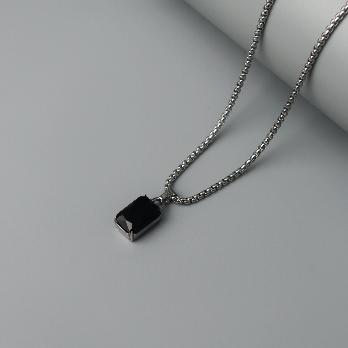 Men Jewelry DORE Black Rectangle Pendant Silver Box Chain Necklace For Men's