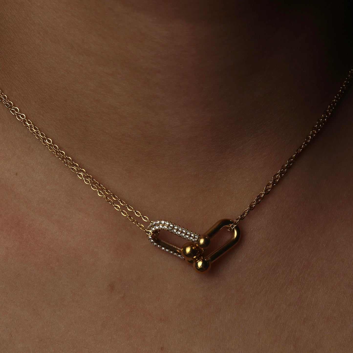 TWAIN Gld/Silver Half Buckle Embedded Pendant Double Chain Necklace for Women