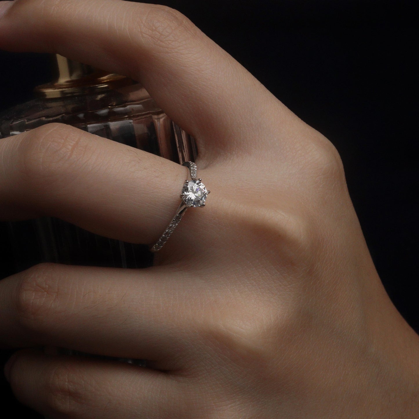 JUNE S925 Silver Engagement Embedded Sides Adjustable Ring for Women