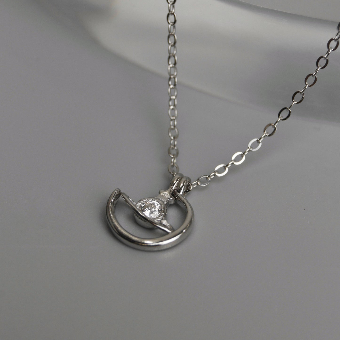 CERES S925 Silver Galaxy Crescent Moon Pendant Chain Necklace for Women