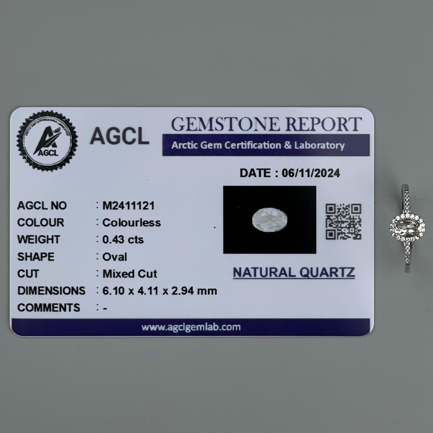 Silver Adjustable Ring Quartz Colourless Gemstone Pawnable Women's Accessories with AGCL Certification