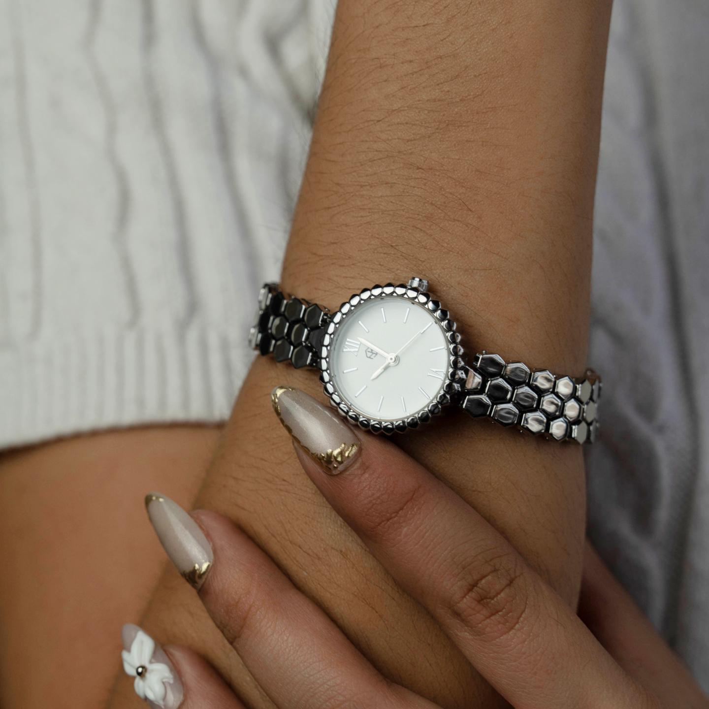 ZELVO Silver Round Hexagon Style Strap Women's Fashion Watch