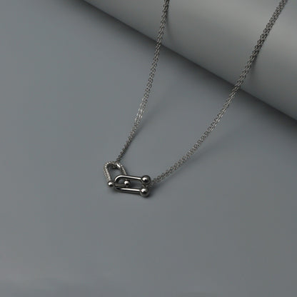 Silver TWAIN Half Buckle Embedded Pendant Choker Double Chain Necklace for Women