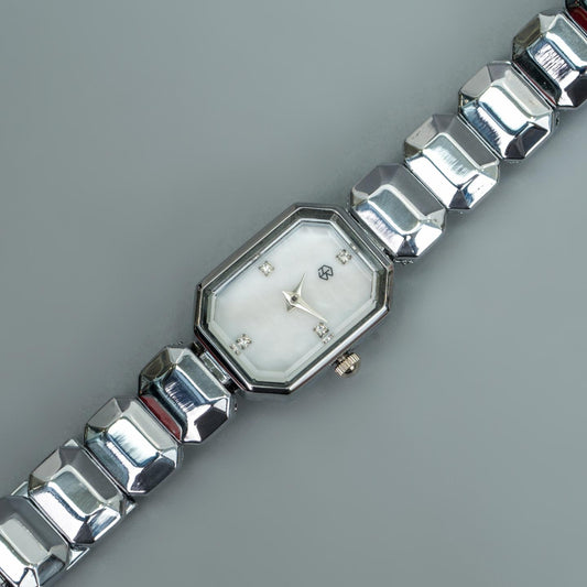 LYKA Silver Rectangle White Pearl Minimalist Women’s Watch Fashion