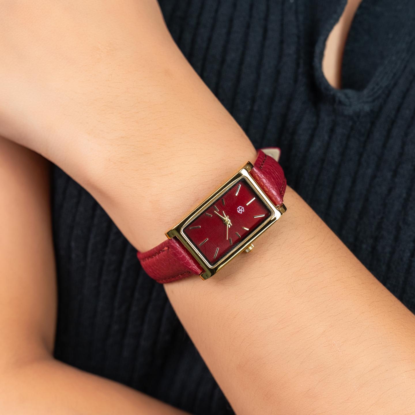 DANIELLA Maroon Rectangular Leather Women’s Fashion Watch