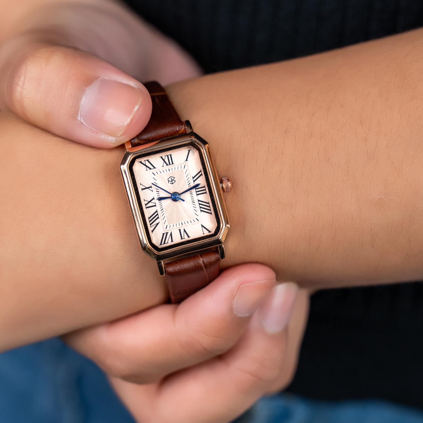 ZHAYNE Rose Gold Blue Hand Dial Roman Numerical Vintage Brown Octagonal Rectangle Leather Women’s Fashion Watch