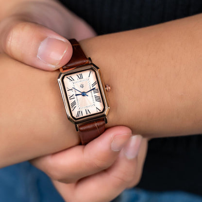 ZHAYNE Rose Gold Blue Hand Dial Roman Numerical Vintage Brown Octagonal Rectangle Leather Women’s Fashion Watch