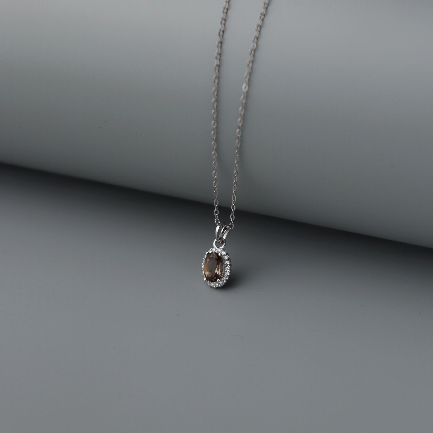 Oval Pendant Natural Smoky Quartz Gemstone S925 Silver Chain Necklace