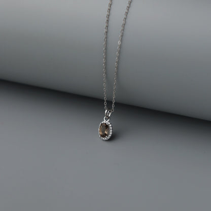 Oval Pendant Natural Smoky Quartz Gemstone S925 Silver Chain Necklace
