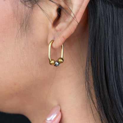 PORA Two Toned Beads Big Oval Hoop Earrings for Women's