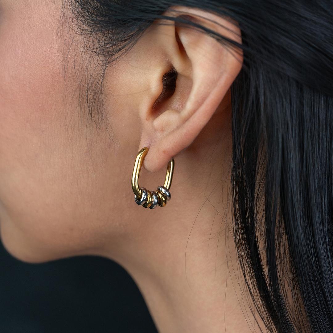 PAVI Two Toned Beads Oval Small Hoop Earrings for Women's
