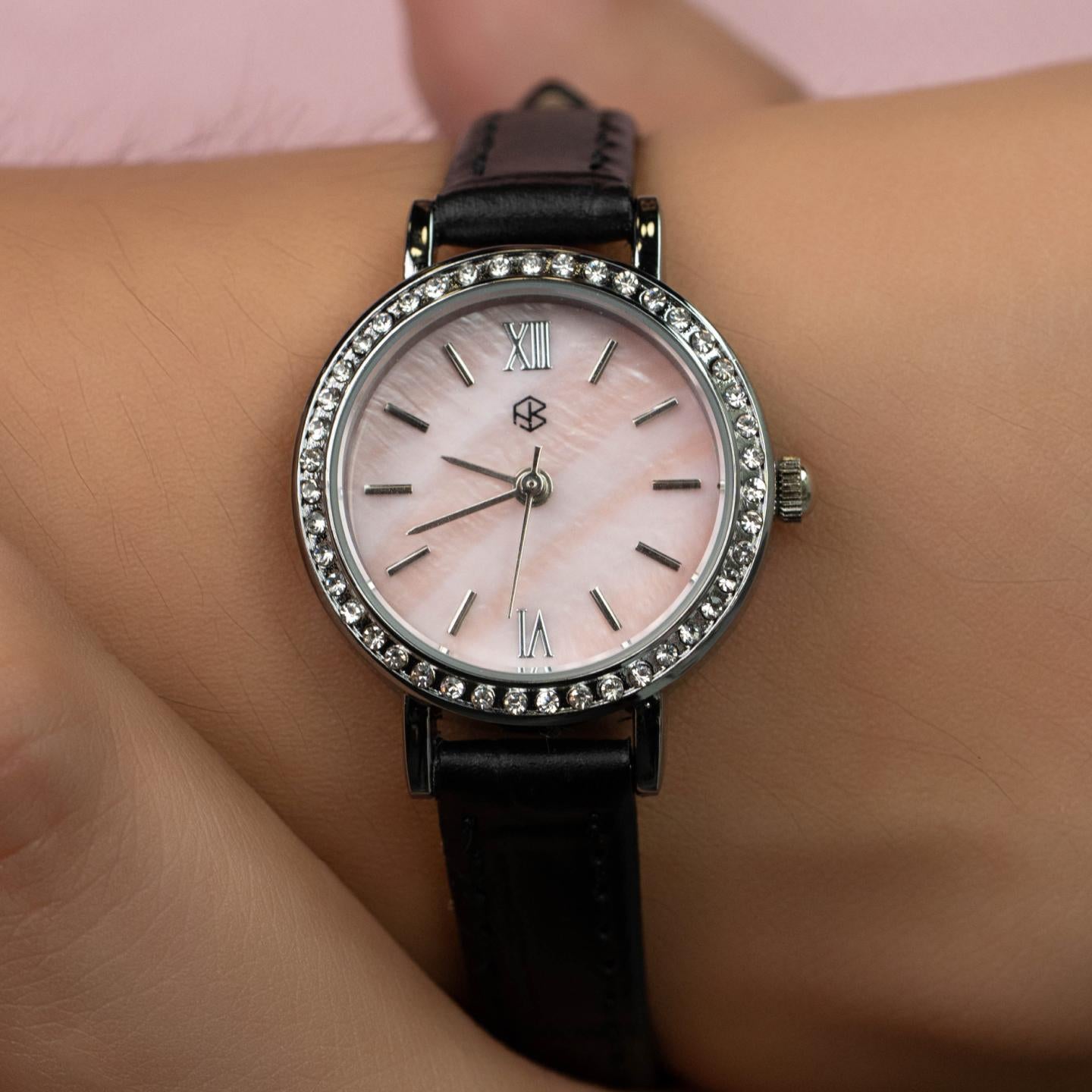 ROSELIRA Rose Pink Roman Round Women's Fashion Quartz Leather Watch