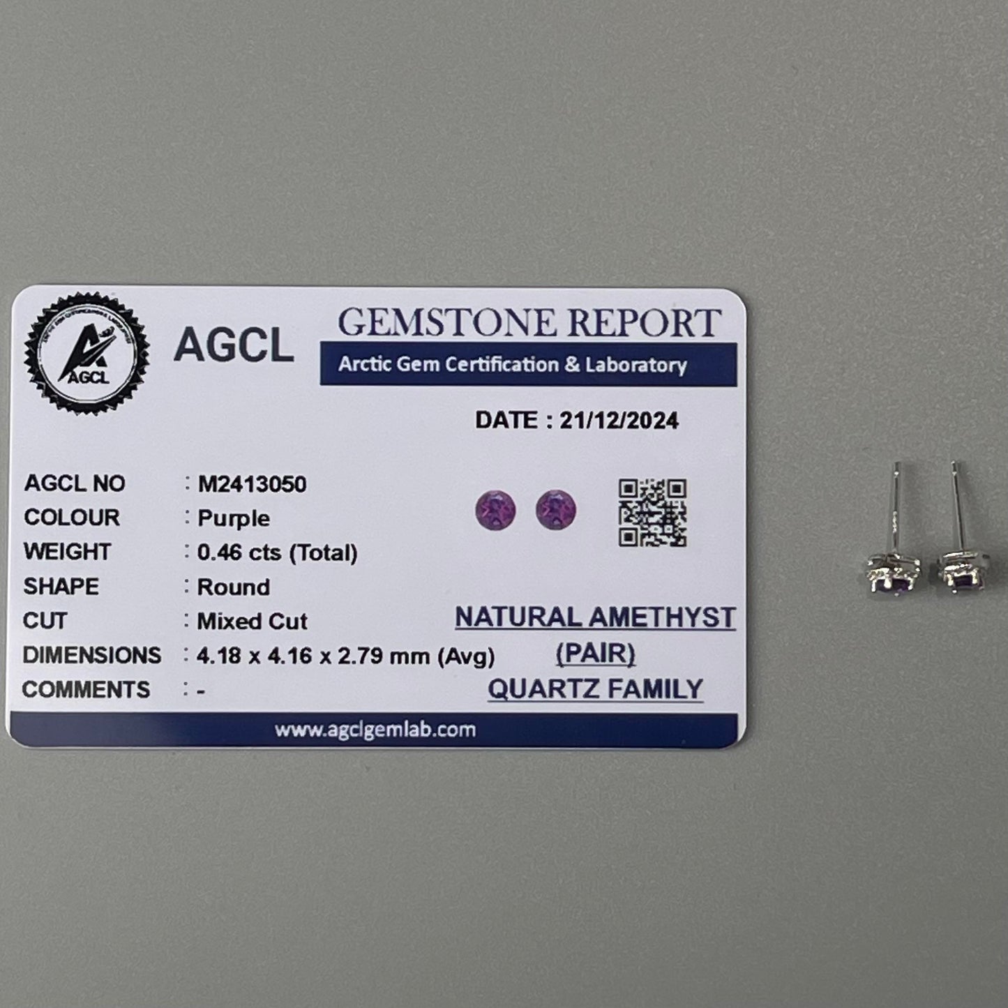 Pawnable Natural Amethyst Gemstone S925 Silver Stud Earrings with AGCL Certification