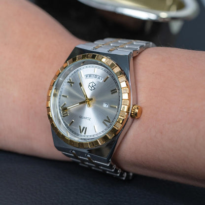 MARVONE Roman Numerical Luminous Dial Snake Two-Tone Men's Watch with Date and Day Display