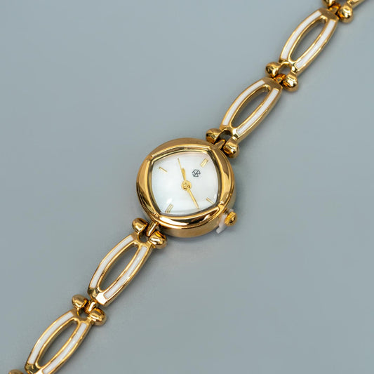 CHARLOTTE Slim Retro Round White Pearl Dainty Women’s Wrist Watch