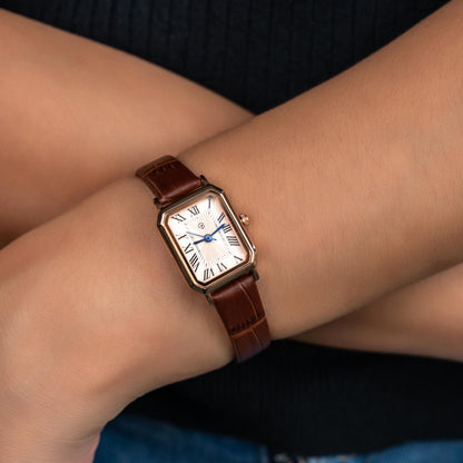 ZHAYNE Rose Gold Blue Hand Dial Roman Numerical Vintage Brown Octagonal Rectangle Leather Women’s Fashion Watch