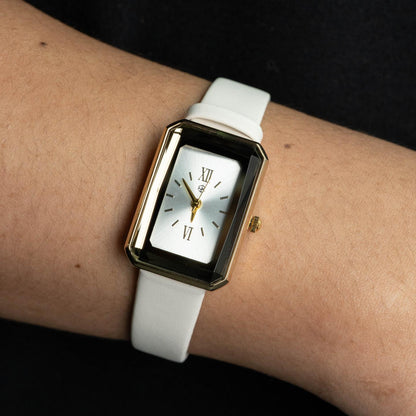 ALPHA White Roman Numerical Vintage Rectangle Leather Watch