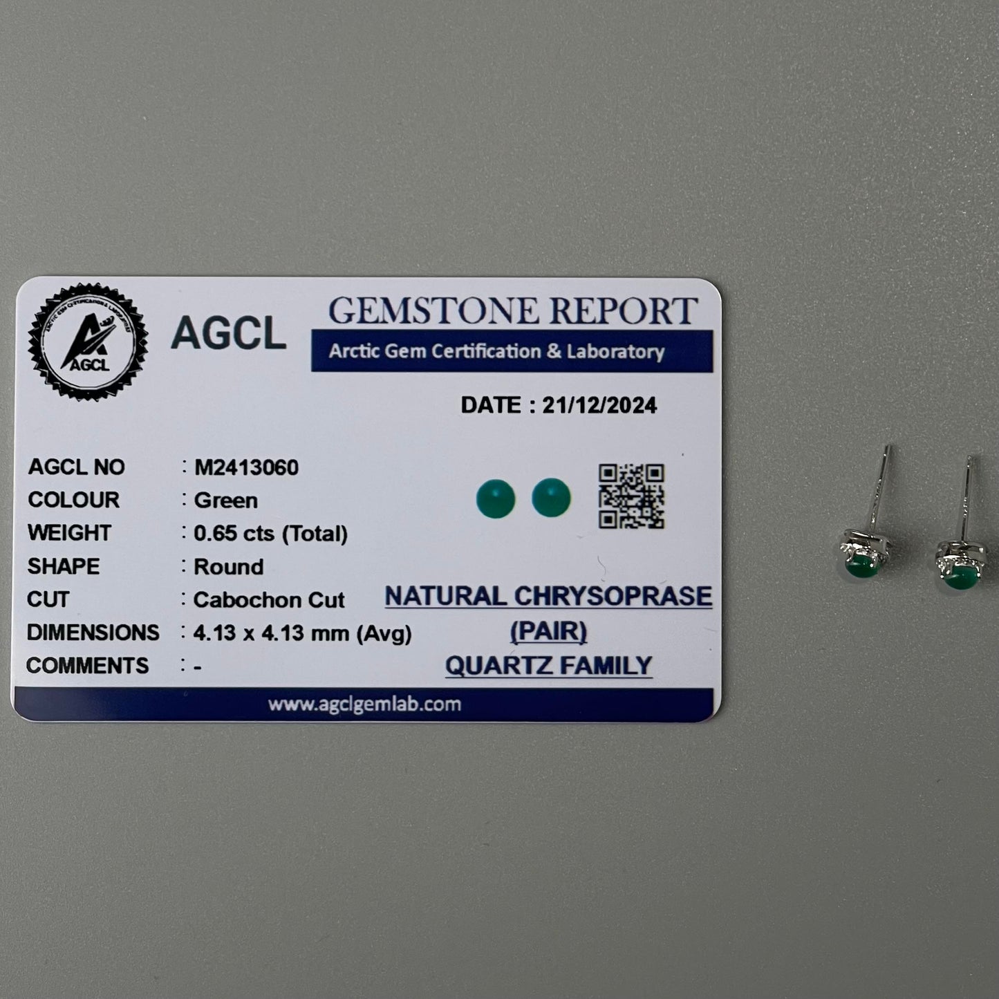 Pawnable Natural Chrysoprase Quartz Gemstone S925 Silver Stud Earrings with AGCL Certification