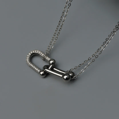 Silver TWAIN Half Buckle Embedded Pendant Choker Double Chain Necklace for Women