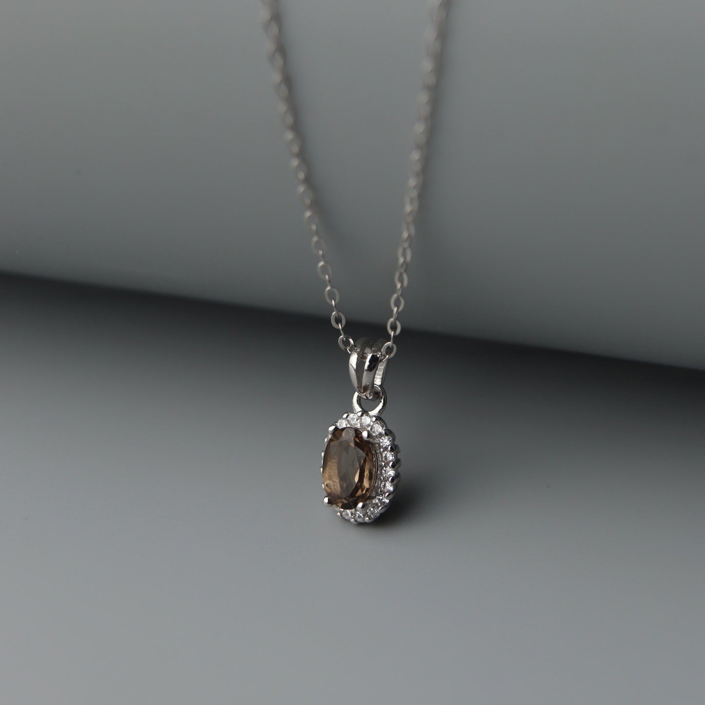 Oval Pendant Natural Smoky Quartz Gemstone S925 Silver Chain Necklace