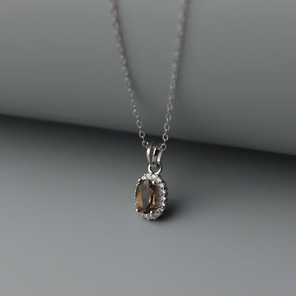 Oval Pendant Natural Smoky Quartz Gemstone S925 Silver Chain Necklace