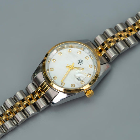 SHIVON Two-Tone Pearl White With Date Crystal Dials Women's Fashion Watch