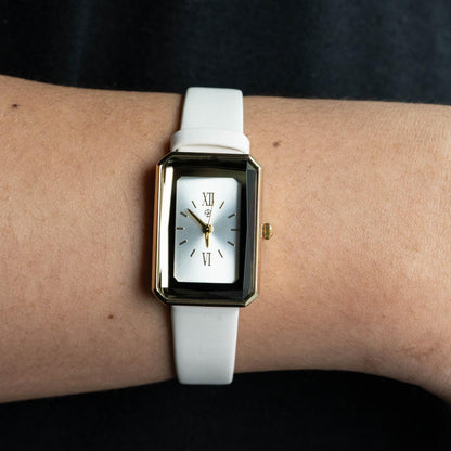 ALPHA White Roman Numerical Vintage Rectangle Leather Watch