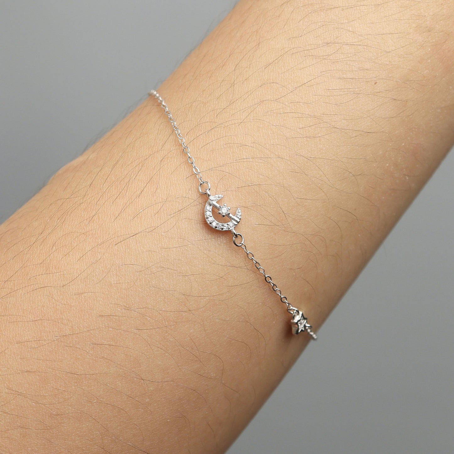 SORVANE S925 Silver Cupid's Arrow Crescent Moon Star for Women Men Bracelet