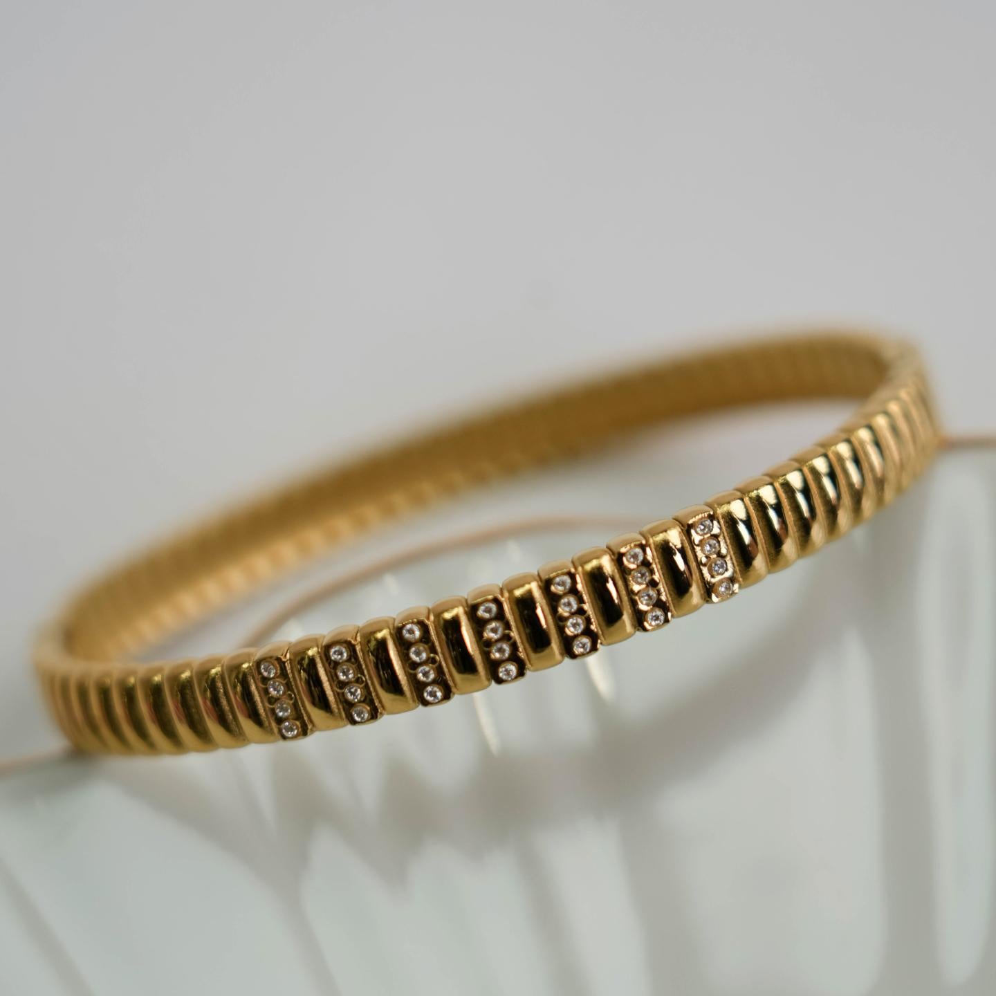 VELTARA Ribbed Texture and Glass Embedded Bangle Bracelet