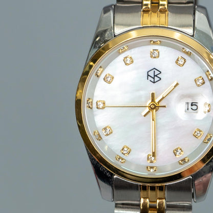 SHIVON Two-Tone Pearl White With Date Crystal Dials Women's Fashion Watch
