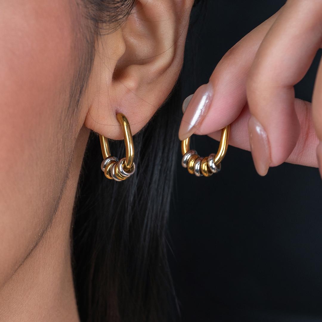 PAVI Two Toned Beads Oval Small Hoop Earrings for Women's