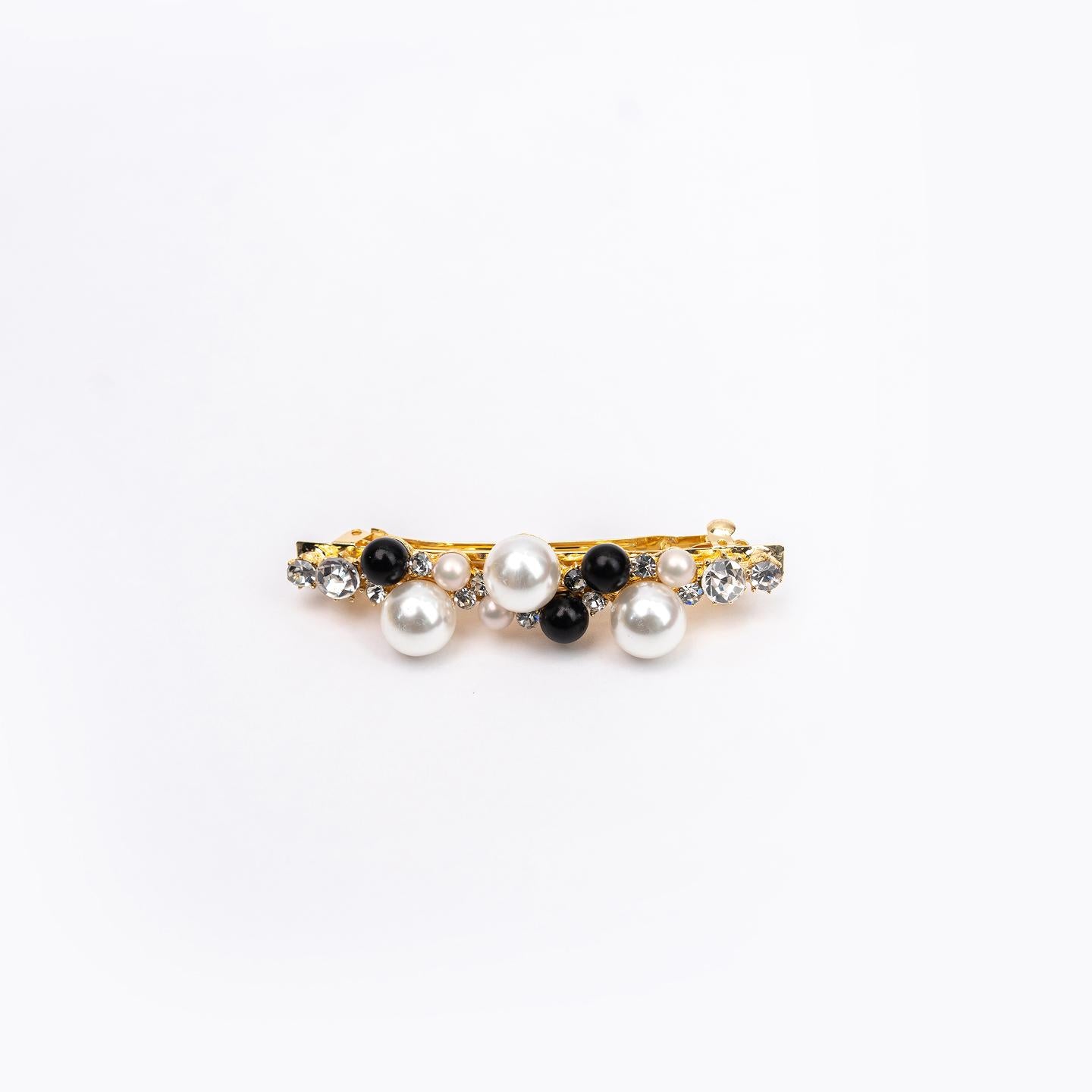 Hair Clip SOHA Black & White Pearl Rhinestone Bar Clip Barrette for Women