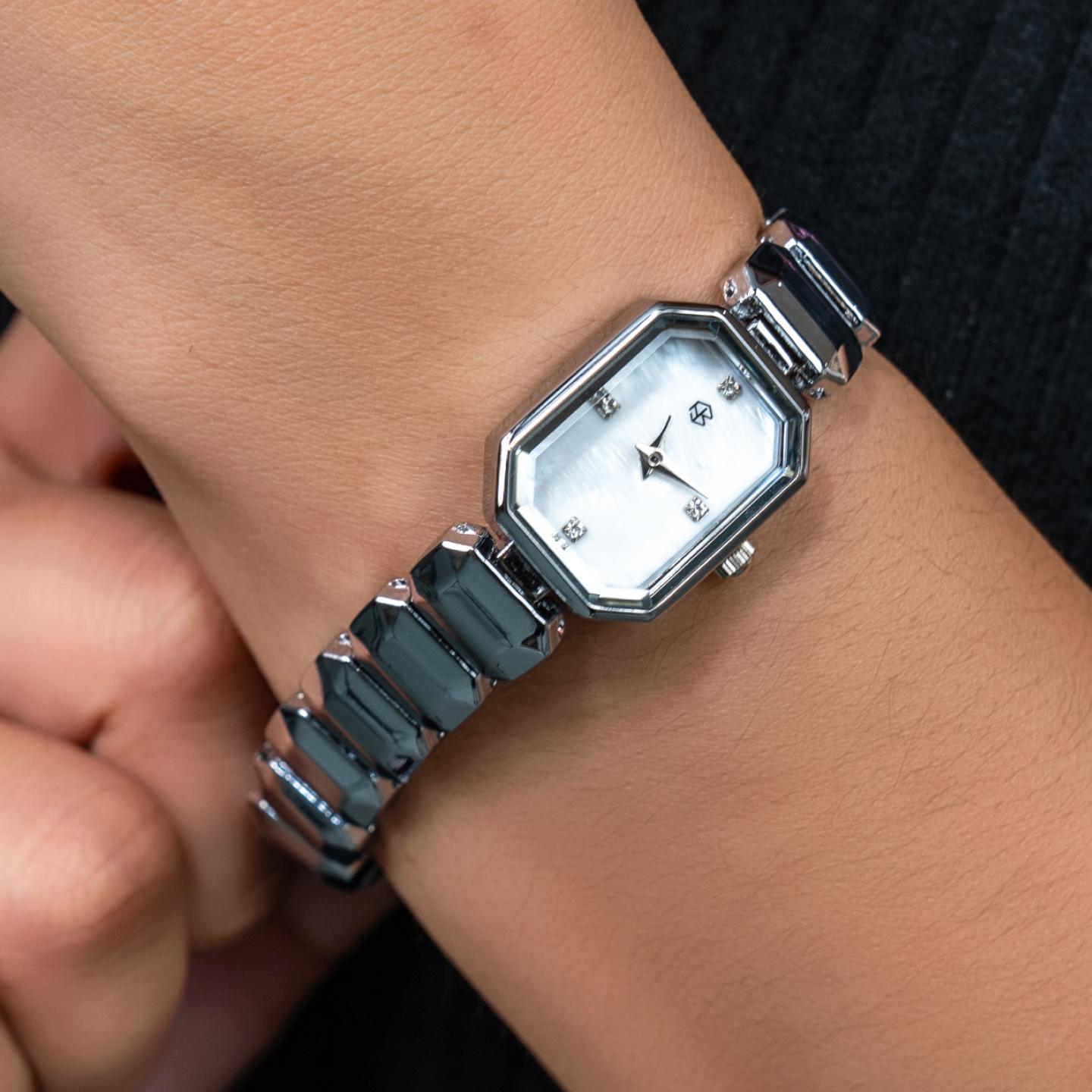 LYKA Silver Rectangle White Pearl Minimalist Women’s Watch Fashion