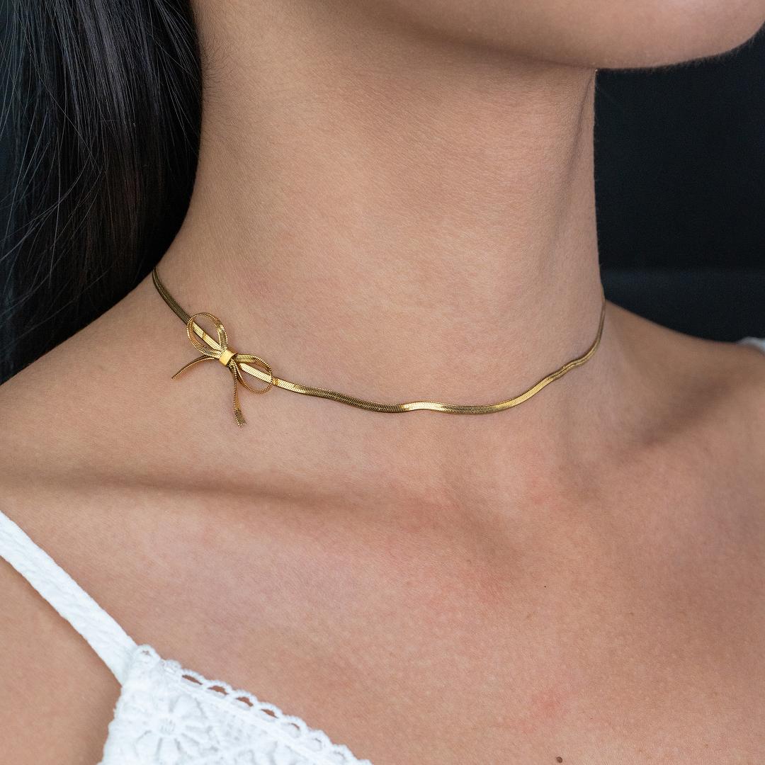 SELA Ribbon Choker Flat Necklace For Women's