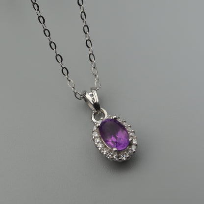 Oval Pendant Amethyst Gemstone S925 Silver Chain Necklace