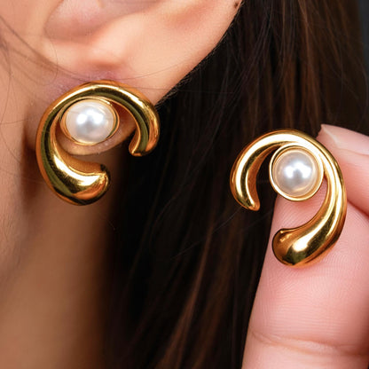 MAREN C Shaped Centered Synthetic Pearl Stud Earrings for Women's