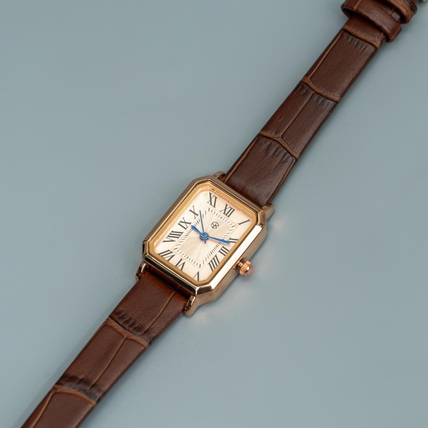 ZHAYNE Rose Gold Blue Hand Dial Roman Numerical Vintage Brown Octagonal Rectangle Leather Women’s Fashion Watch